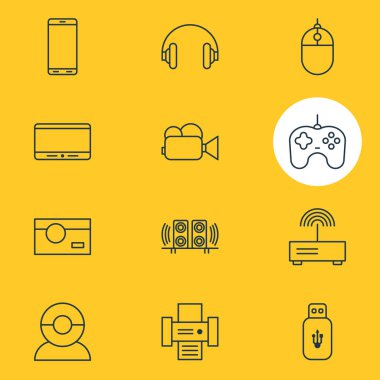 12 Gadget simgeler vektör Illustration. Hoparlör, Joypad, kulaklık ve diğer öğeleri düzenlenebilir paketi.