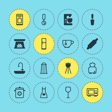16 mutfak eşyaları simgeler vektör Illustration. Aracı, Dilimleyici ve diğer öğeleri ölçme Spatula, düzenlenebilir sürüsü.