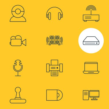 12 teknoloji simgeler vektör Illustration. Kulaklık, Fotokopi makinesi, bilgisayar ve diğer öğeleri düzenlenebilir paketi.