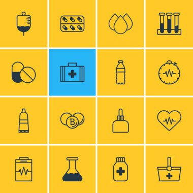 16 tıbbi simgeler vektör Illustration. Düzenlenebilir paket ilaç sürahi, tıp kavanoz, antikor ve diğer öğeleri.
