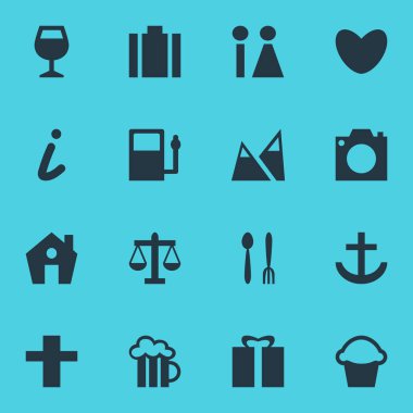 16 seyahat simgeler vektör Illustration. Bardağı, kalp, bira bardağı ve diğer öğeleri düzenlenebilir sürüsü.