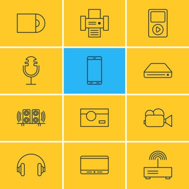 12 Gadget simgeler vektör Illustration. Akıllı telefon, ses kaydı, video kamera ve diğer öğeleri düzenlenebilir sürüsü.