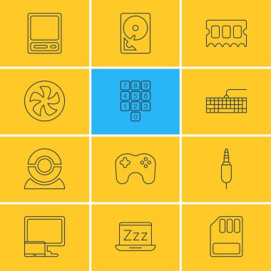 12 bilgisayar simgeler vektör Illustration. Gamepad, soğutucu, örümcek ağı fotoğraf makinesi ve diğer öğeleri düzenlenebilir paketi.