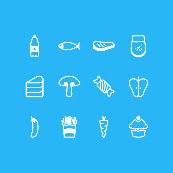 Vector Illustration of 12 Cooking Icons (dalam bahasa Inggris). Sebungkus Juice, Muffin, Minum Botol Dan Elemen Lainnya . - Stok Vektor
