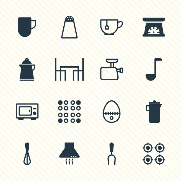 Illustration vectorielle de 16 icônes de vaisselle de cuisine. Pack modifiable d'outil de barbecue, hachoir, tasse et autres éléments . — Image vectorielle