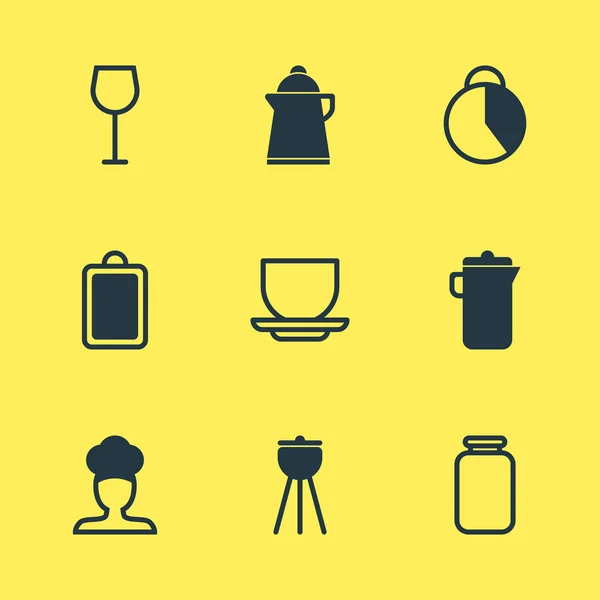 Ilustración vectorial de 9 iconos de restaurantes. Paquete editable de jarra, cronometrador, vino y otros elementos . — Archivo Imágenes Vectoriales