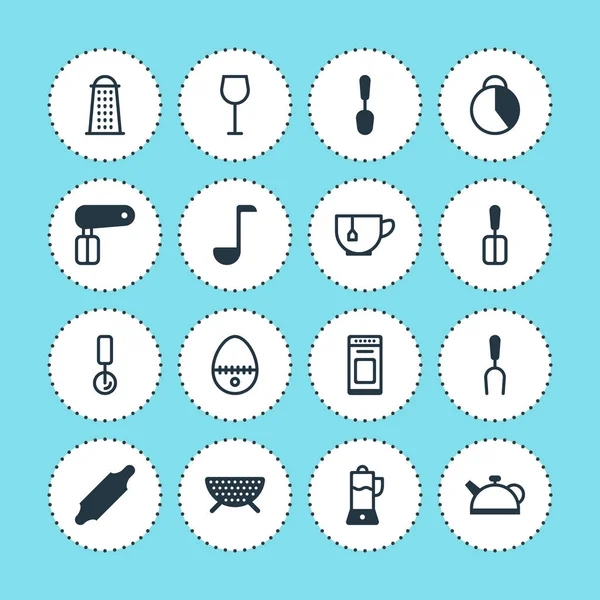 Ilustración vectorial de 16 iconos de restaurantes. Paquete editable de rebanadora, tetera, vino y otros elementos . — Vector de stock