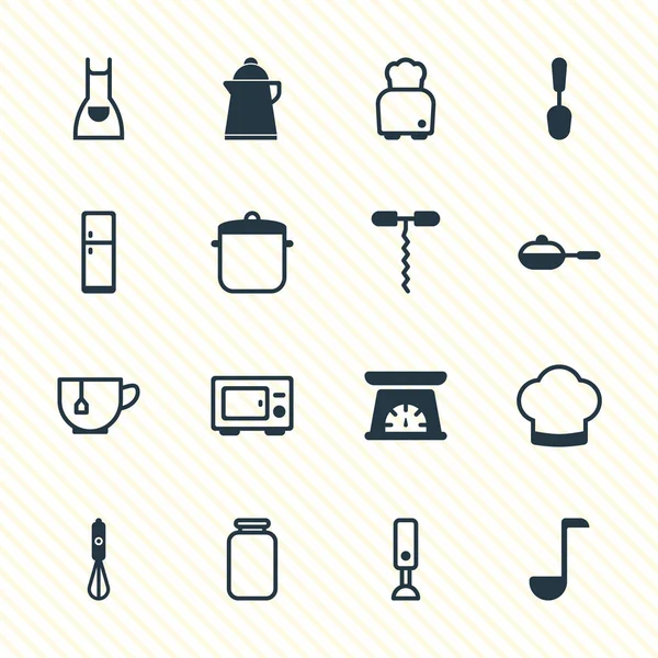 Vector Illustration of 16 Cooking Icons (dalam bahasa Inggris). Pack Of Smock, Mug, Chef Hat And Other Elements . - Stok Vektor