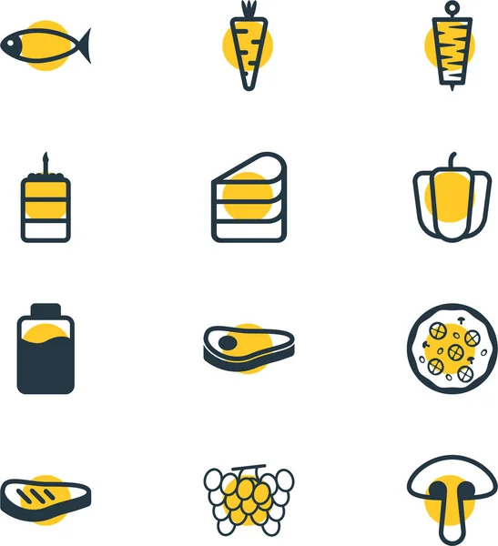 Ilustración vectorial de 12 iconos de plato. Paquete editable de carne, pizzería, pastelería y otros elementos . — Archivo Imágenes Vectoriales
