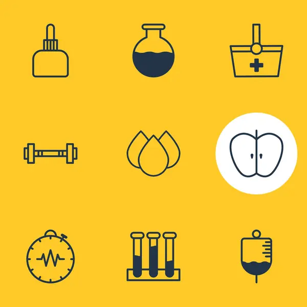 Vektorillustration von 9 Medizin-Symbolen. editierbare Packung aus Rinnsal, Manometer, Medikamentenkrug und anderen Elementen. — Stockvektor