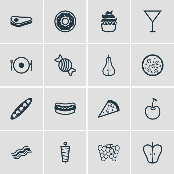 Ilustração vetorial de 16 ícones de comida. Pacote editável de feijão, vinhedo, carne e outros elementos . —  Vetores de Stock