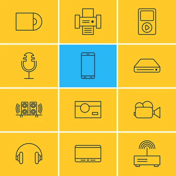 Ilustração vetorial de 12 ícones Gadget. Pacote editável de Smartphone, gravação de som, filmadora e outros elementos . — Vetor de Stock