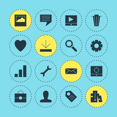16 Internet simgeler vektör Illustration. Portföy, çöp kutusu, artış grafik ve diğer öğeleri düzenlenebilir paketi.
