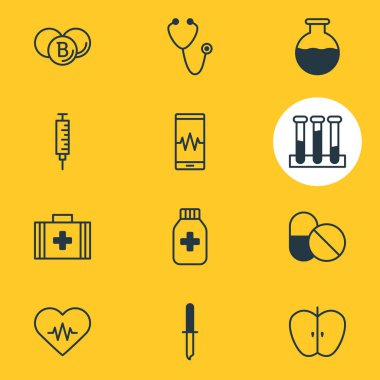 12 tıp simgeler vektör Illustration. Kalp ritmi, ağrı kesici, deney şişesi ve diğer öğeleri düzenlenebilir paketi.