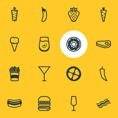 16 mutfağı simgeler vektör Illustration. Veggie, sığır filetosu, patlıcan ve diğer öğeleri düzenlenebilir paketi.