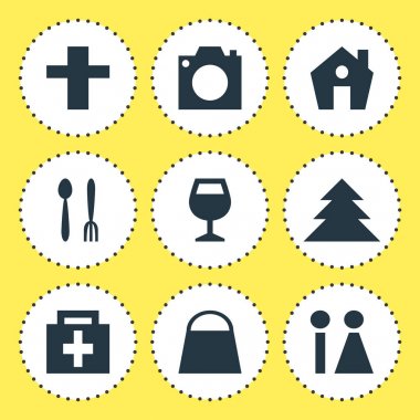 9 harita simgeler vektör Illustration. Tuvalet, fotoğraf aygıt, el çantası öğeleri düzenlenebilir paketi.