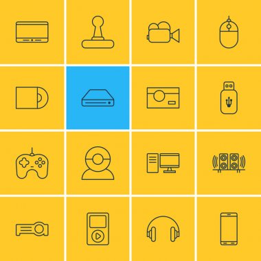 16 Gadget simgeler vektör Illustration. Hoparlör, kulaklık, ışıldak ve diğer öğeleri düzenlenebilir paketi.