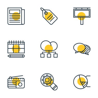 9 sosyal simgeler vektör Illustration. Daire diyagram, zamanlama, Fm yayın ve diğer öğeleri düzenlenebilir paketi.