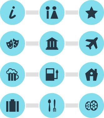 12 seyahat simgeler vektör Illustration. Eşleme bilgileri, tuvalet, ev ve diğer öğeleri düzenlenebilir paketi.