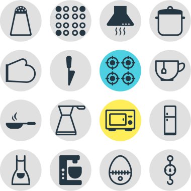 16 mutfak eşyaları simgeler vektör Illustration. Mutfak hançer, biber konteyner, aspiratör cihazı ve diğer öğeleri düzenlenebilir sürüsü.