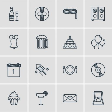 16 Bayramı simgeler vektör Illustration. Hoparlör, havai fişek, hediye ve diğer öğeleri düzenlenebilir paketi.