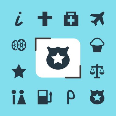 12 seyahat simgeler vektör Illustration. Çapraz, ölçekler, harita bilgi ve diğer öğeleri düzenlenebilir sürüsü.