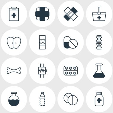 16 tıp simgeler vektör Illustration. Kemik, plastik şişe, yuvarlak Tablet ve diğer öğeleri düzenlenebilir sürüsü.