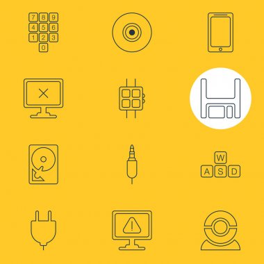 12 bilgisayar simgeler vektör Illustration. Smartphone, sabit disk Disk, Modern izle ve diğer öğeleri düzenlenebilir sürüsü.