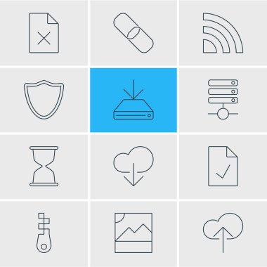 12 ağ simgeler vektör Illustration. Raptiye, Cloud Download, Checked Not ve diğer öğeleri düzenlenebilir paketi.