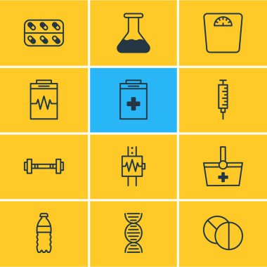 12 tıp simgeler vektör Illustration. Vaccinator, kalp atışı, yuvarlak Tablet ve diğer öğeleri düzenlenebilir paketi.