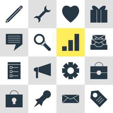 16 Internet simgeler vektör Illustration. Artış grafiği, anahtar deliği, Büyüteç'i ve diğer öğeleri düzenlenebilir sürüsü.