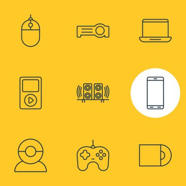 9 teknoloji simgeler vektör Illustration. Joypad, ortam denetleyicisi, düzenlenebilir paket ışıldak ve diğer öğeleri.