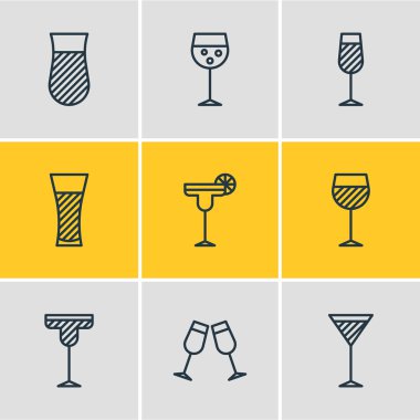 9 simgeler vektör Illustration. İçecek, cam, limonata ve diğer öğeleri düzenlenebilir paketi.