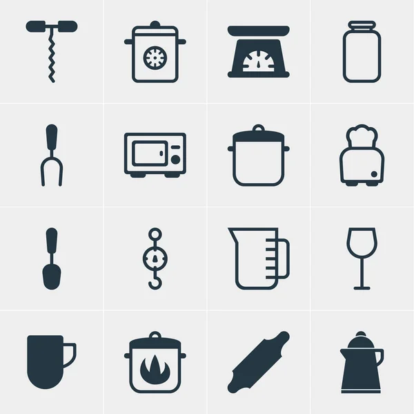 Ilustración vectorial de 16 iconos de utensilios de cocina. Paquete editable de taza de té, Stewpot, abridor de vino y otros elementos . — Archivo Imágenes Vectoriales