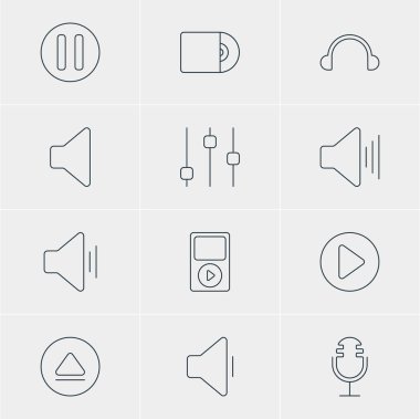 12 müzik simgeler vektör Illustration. Düzenlenebilir Pack Mp3, azalma ses, hoparlör ve diğer öğeleri.