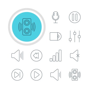 12 müzik simgeler vektör Illustration. Kompakt Disk, sonraki düzenlenebilir sürüsü, ses seviyesi açma ve diğer öğeleri.