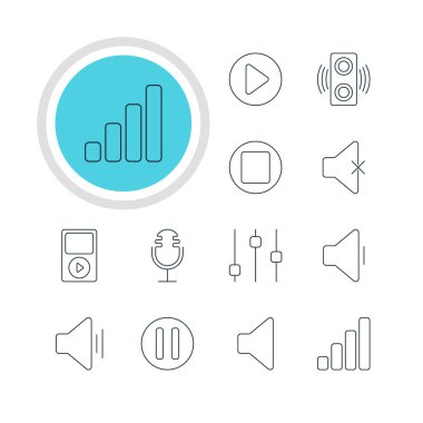 12 melodi simgeler vektör Illustration. Düzenlenebilir Pack Mp3, sabitleyici, Mike ve diğer öğeleri.