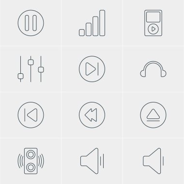 12 melodi simgeler vektör Illustration. Ses, amplifikatör, azalma ses ve diğer öğeleri düzenlenebilir paketi.