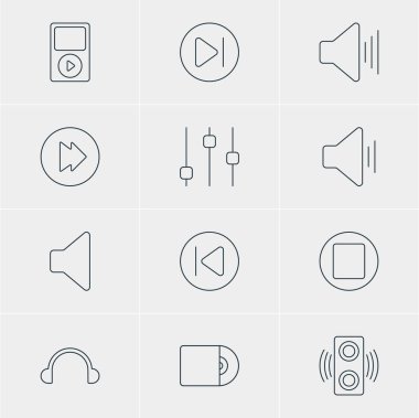 12 müzik simgeler vektör Illustration. Düzenlenebilir paketi, önceki sabitleyici, Duraklat ve diğer öğeleri.