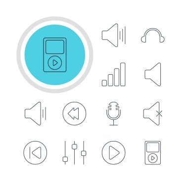 12 müzik simgeler vektör Illustration. Kulaklık, başlangıç, ses seviyesi açma ve diğer öğeleri düzenlenebilir sürüsü.