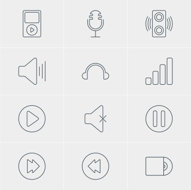12 melodi simgeler vektör Illustration. Mike, amplifikatör, kulaklık ve diğer öğeleri düzenlenebilir paketi.