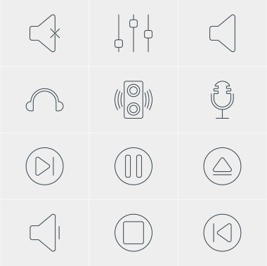 12 melodi simgeler vektör Illustration. Hoparlör, amplifikatör, Mike ve diğer öğeleri düzenlenebilir paketi.