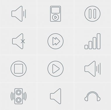 12 melodi simgeler vektör Illustration. Düzenlenebilir paket sessiz, akustik, ses seviyesi açma ve diğer öğeleri.