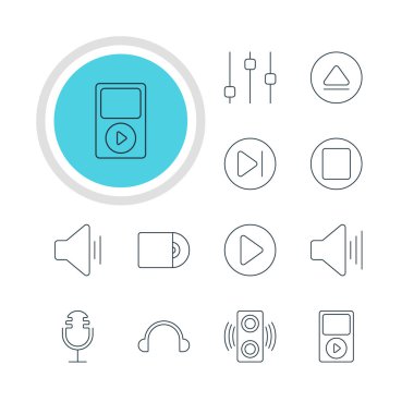12 melodi simgeler vektör Illustration. Kompakt Disk, Duraklat, sonraki ve diğer öğeleri düzenlenebilir paketi.