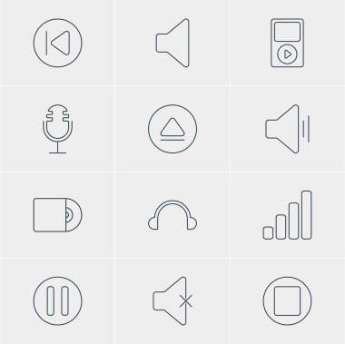 12 melodi simgeler vektör Illustration. Kulaklık, hoparlör, kompakt Disk ve diğer öğeleri düzenlenebilir paketi.