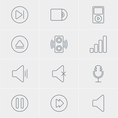 12 melodi simgeler vektör Illustration. Düzenlenebilir sürüsü ileri, gecikme, akustik ve diğer öğeleri.