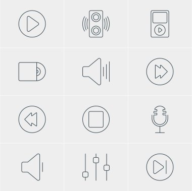 12 melodi simgeler vektör Illustration. Düzenlenebilir gelişmiş sürüsü, amplifikatör, başlangıç ve diğer öğeleri.