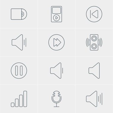 12 müzik simgeler vektör Illustration. Gecikme, akustik, kompakt Disk ve diğer öğeleri düzenlenebilir paketi.
