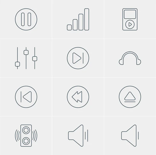 Illustrazione vettoriale di 12 icone melodiche. Pacchetto modificabile di audio, amplificatore, riduzione del suono e altri elementi . — Vettoriale Stock
