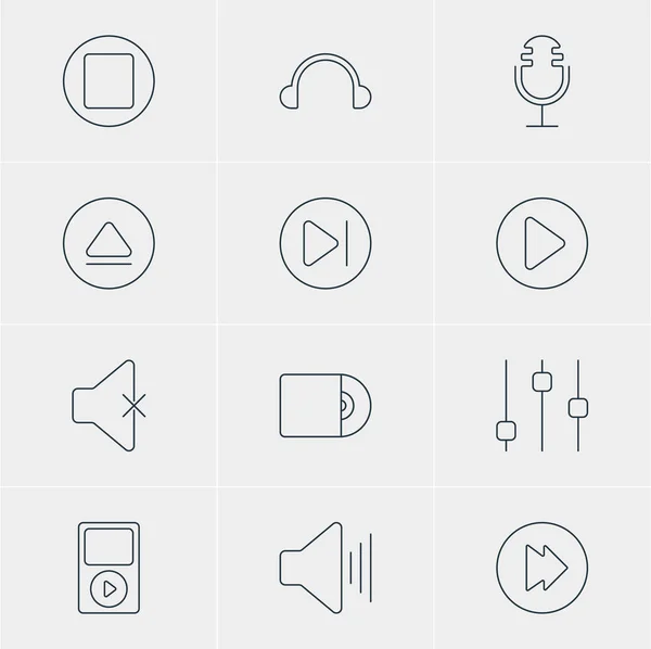 Illustrazione vettoriale di 12 icone musicali. Pacchetto modificabile di senza suono, Avanzato, Pausa e altri elementi . — Vettoriale Stock